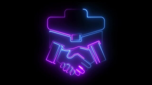 Neon business handshake and briefcase animation, corporate partnership and agreement concept