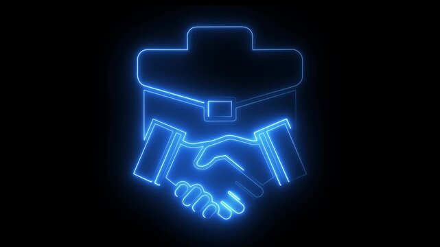 Neon business handshake and briefcase animation, corporate partnership and agreement concept glowing