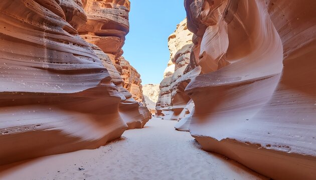 Narrow sandstone canyon with smooth rock walls and clear sky