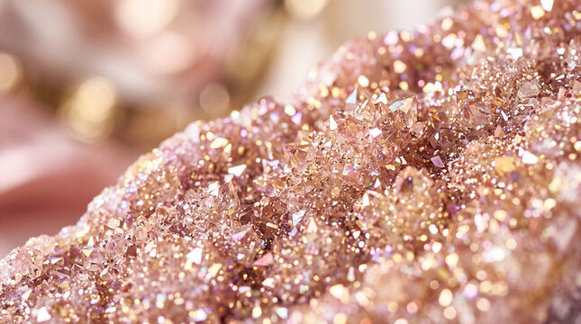 Macro close-up of a sparkling pink quartz crystal druse geode with shimmering rose gold metallic textures and beautiful soft bokeh background.