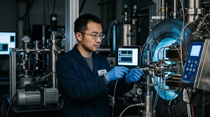 Obraz premium Scientist works with advanced laboratory equipment in a modern research facility.
