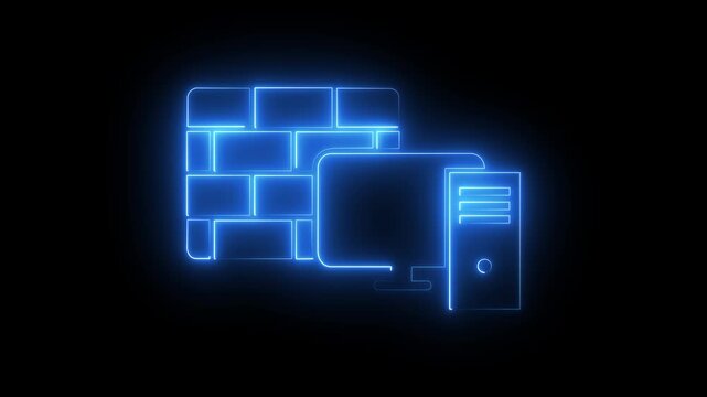 Neon firewall and computer animation: cyber security and network protection concept