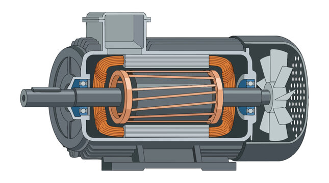 Cross section illustration of an industrial electric motor with squirrel cage rotor.