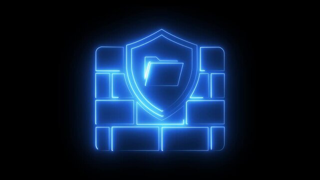 Neon cyber security firewall with data folder protection, digital network safety concept data protection