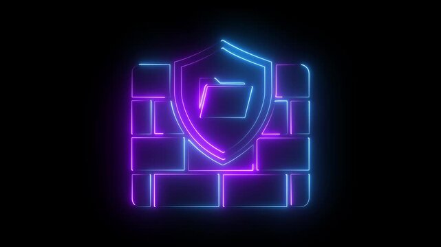 Neon cyber security firewall and data protection shield animation glowing