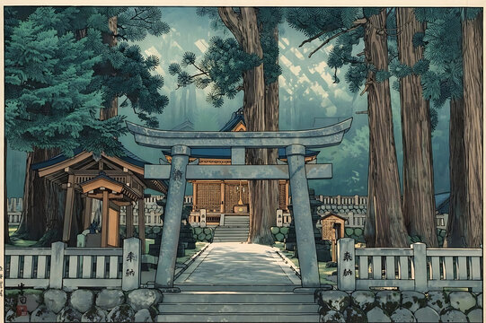Japanese ukiyo-e woodblock style illustration of a sacred Shinto shrine entrance with torii gate in a cedar forest