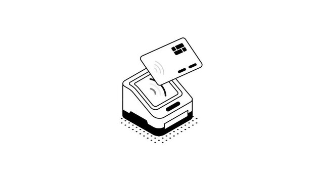 Isometric Contactless Payment Animation with Credit Card and POS Terminal Footage