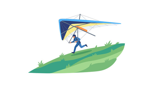 Person running with hang glider on green hill.