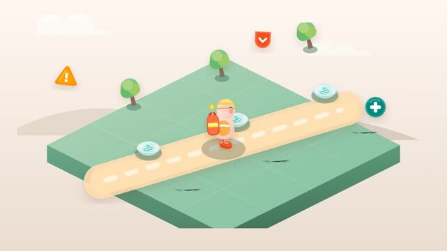Isometric 3d character walking along a digital map pathway with UI elements