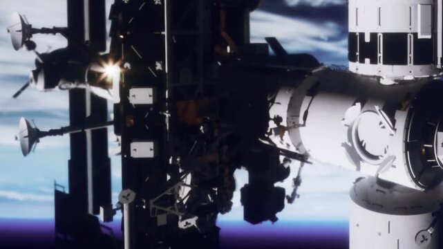 A space station floats in low Earth orbit with sunlight illuminating its structure. Earth is visible in the background along with clouds. This scene captures the vastness of space.