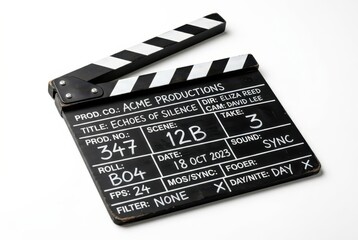 Naklejka premium Black Film Slate Clapperboard with Production Details Isolated on White Background for Movie Industry