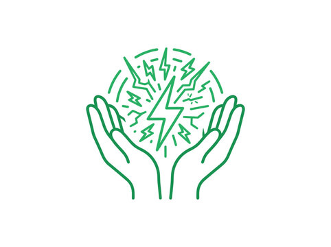 Green energy concept with hands holding lightning bolt symbol on white.
