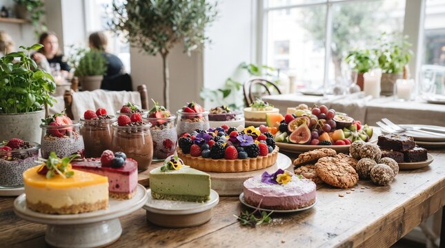 Assorted vegetarian desserts displayed on a rustic wooden table for World Vegetarian Day