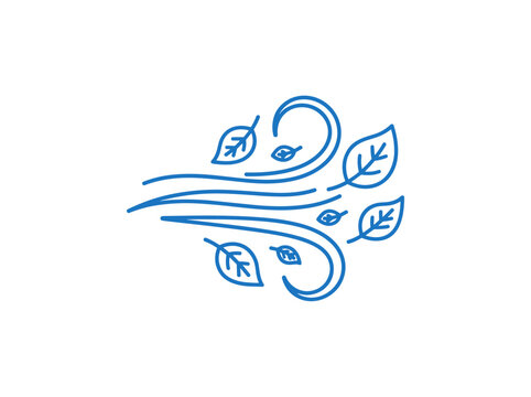 Minimalist blue line art illustration of wind blowing leaves, weather concept