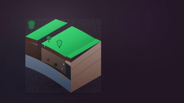 Isometric 3D animation showing tectonic plates movement and earth layers