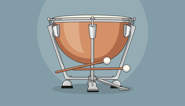Classical timpani drum instrument with a copper body and two mallets resting on its stand on a grey background.