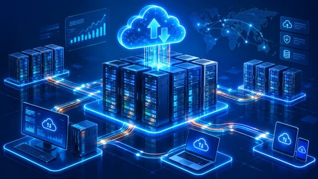 3D high-tech render of glowing blue cloud computing server racks connected to desktop, laptop, tablet, and mobile devices across global network.