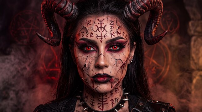Halloween demon woman with occult runes and red eyes