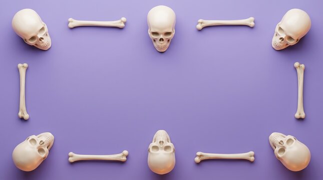 Flat lay composition of human skulls and bones arranged as a frame on a purple background