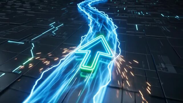 Strategic Navigation Glowing Arrow Guides Digital Path Through Futuristic Circuit Network With Electric Energy, Sparks, Motion, Precision