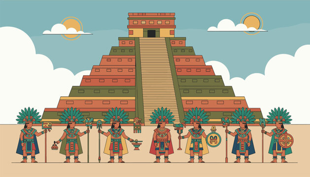 Ancient Mayan or Aztec warriors and priests standing in a row in front of a massive stone step pyramid temple.