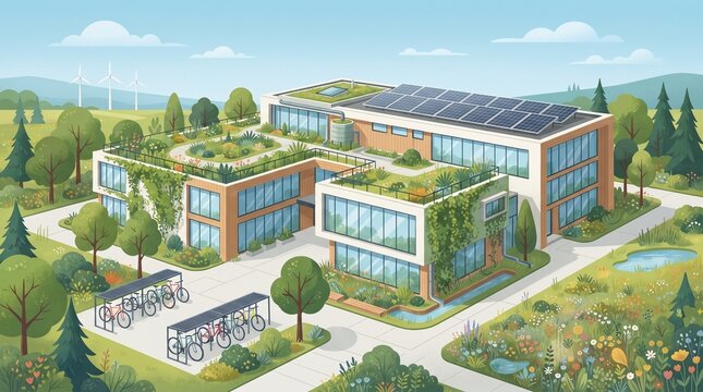Green School Building Flat Design with Solar Panels, Rooftop Garden and Sustainable Architecture for Education, Environment and Eco Campus