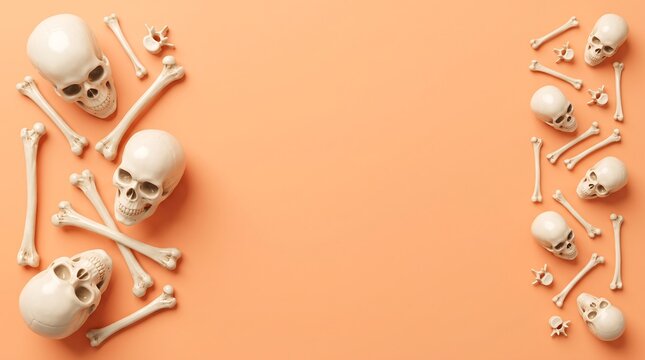 Flat lay composition of human skulls and bones arranged as a border on an orange background