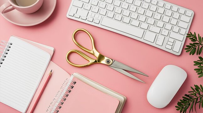 Stylish feminine workspace flat lay with gold scissors, computer keyboard, mouse, notebooks, and coffee cup on pastel pink desk