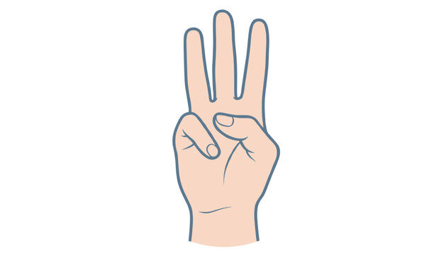 Hand gesture showing three fingers raised in counting or symbol sign isolated on plain white background.