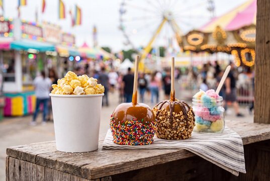 Carnival Food Treats Including Popcorn and Caramel Apples at County Fair