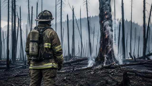 Firefighter in Burnt Forest Wildfire during El Nino Crisis Disaster