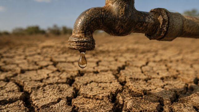 El Nino Crisis and drought with water drop on dry cracked earth stock photo