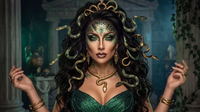 Medusa halloween costume with gold snakes in hair and mystical makeup