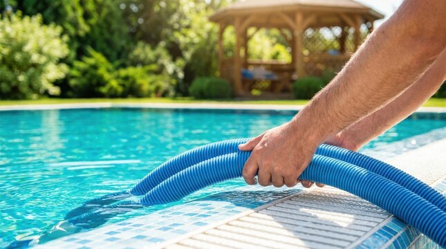 Man cleaning private swimming pool with vacuum hose in backyard during sunny day for summer season maintenance.