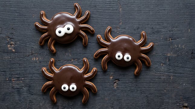 Three cute spidershaped cookies with googly eyes on dark wood