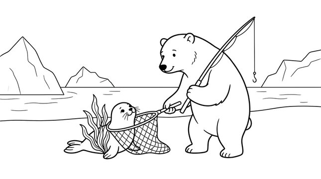 Polar bear fishing with a seal in a coloring book page style illustration