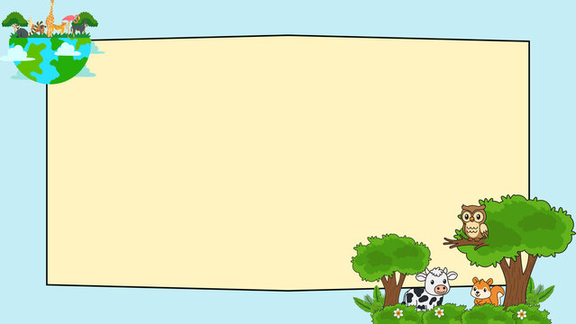 Cartoon animal frame with blank copy space, cute wildlife border for kids education, nature background with owl and cow characters