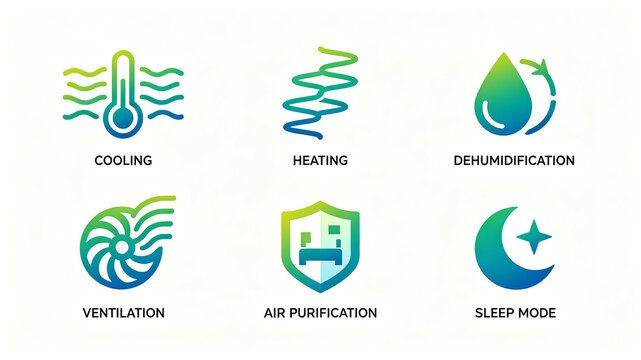 HVAC function icon, representing cooling, heating, dehumidification, purification, and ventilation, suitable for air conditioning e-commerce main images and smart home appliance UI interfaces.

