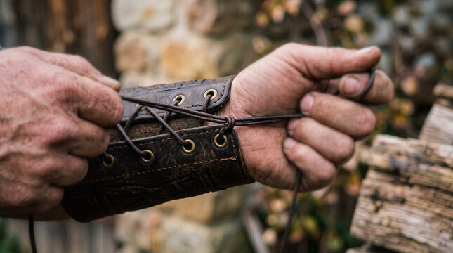 Hands lacing leather bracer