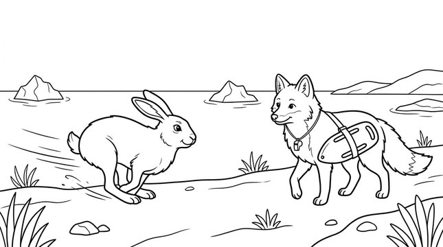 Cute fox wearing a lifebuoy and a rabbit running in a nature landscape coloring page