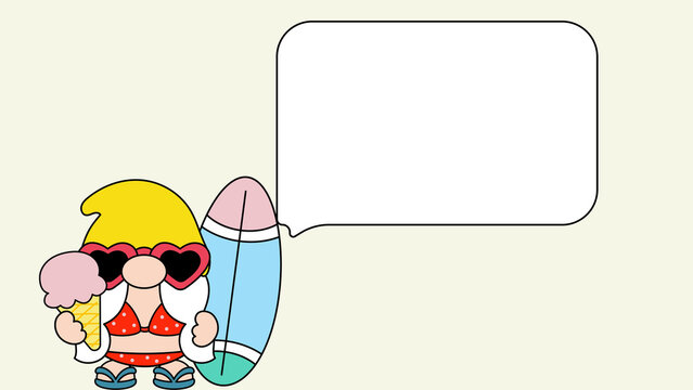 Summer beach gnome illustration with surfboard and ice cream, cute cartoon character with empty speech bubble, tropical vacation holiday design