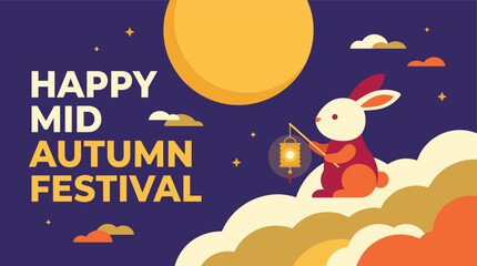 Fototapeta premium Celebratory mid autumn festival poster design featuring a charming rabbit holding a lantern under a full moon, perfect for holiday greetings.