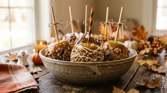 Caramel apples with nuts and chocolate on a wooden table representing sweet Halloween treat, festive autumn dessert, and joyful fall harvest celebration.