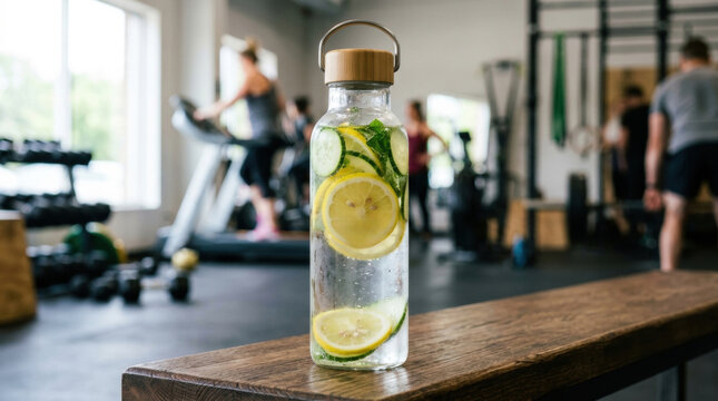 Glass bottle of infused detox water with lemon and cucumber on a wooden bench in a gym representing healthy fitness hydration, refreshing workout recovery, and active athletic lifestyle.