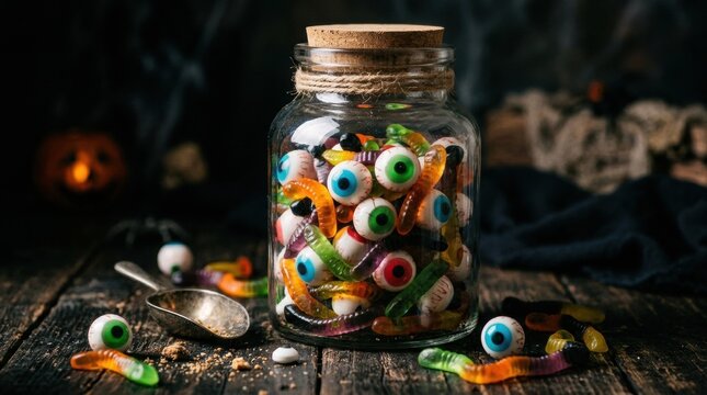 Glass jar full of creepy eyeball candies and gummy worms on a dark wooden table representing spooky Halloween trick or treat, funny monster sweets, and scary festive party dessert