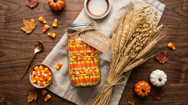 Flat lay of a glass jar filled with candy corn and a Halloween Treats tag next to dry wheat on a wooden table representing rustic autumn harvest, traditional fall season sweets, and cozy holiday decor