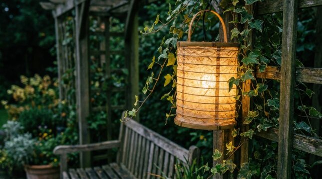 Rustic Cylindrical Lantern Hanging on Garden Arbor Beside Wooden Bench