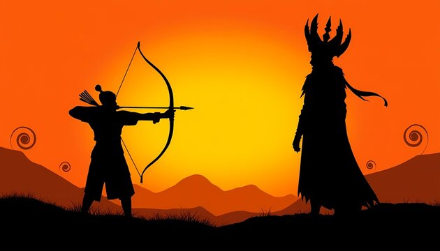 Lord Rama and Ravana silhouettes art against an orange and yellow gradient background. Concept dussehra festival theme.