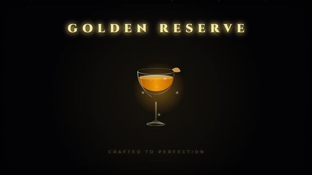Luxurious glowing golden cocktail glass vector animation illustration with dark background and text