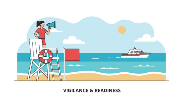 Vigilant female lifeguard on her high tower using a megaphone to warn swimmers on a sunny beach with a boat.